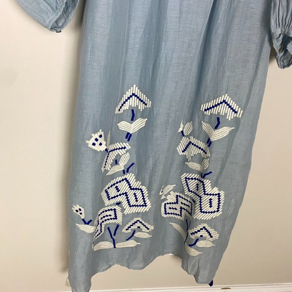 Benaras by Citrus Embroidered Boho Maxi Dress Blue Long Balloon Sleeves Belted - Picture 3 of 11